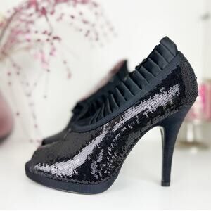 Nina Eveline Sequin Ruffle Peep Toe Platform Heels Pumps Black Size 8.5 M NWB